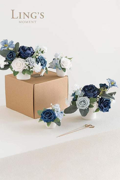 Ling's Moment 50Pcs Artificial Flowers, Dusty Blue & Navy Roses with Stems for Wedding Bouquets & Decor