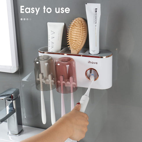 2 iHave Toothbrush Holders Bathroom Decor with Toothpaste Dispenser, Cups Toothbrush Holder Wall Mounted Bathroom
