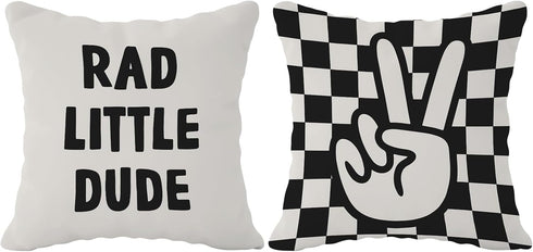FLDAS Checkered Pillow Covers, Rad Little Dude Preppy Peace Hand Sign Decorative Throw
