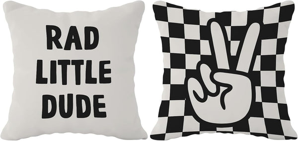 FLDAS Checkered Pillow Covers, Rad Little Dude Preppy Peace Hand Sign Decorative Throw