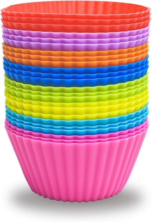 24 Pack Silicone Baking Cups - Reusable Muffin Liners, Non-Stick Cup Cake Molds Set in Standard Size, 8 Rainbow Colors