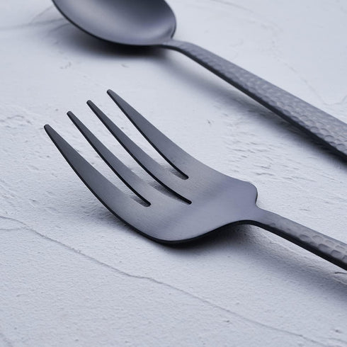 FULLYWARE Matte Black Large Serving Utensil Set, 5-Piece Stainless Steel Hostess Set with Spoon, Fork, and Knife