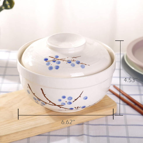 WHJY Japanese Creative Hand-painted Ceramic Tableware with Lid for Soup and Noodles, with Heat Preservation Function, Integrated Bowl and Lid - Blue Plum by WHJY