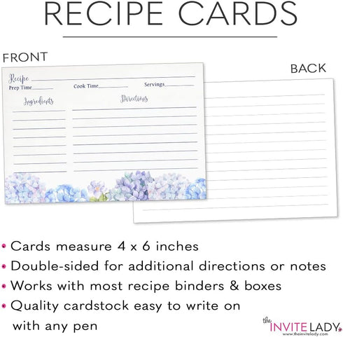 Recipe Cards 4x6 Double Sided Flowers Blue Wildflower Hydrangeas Watercolor Wedding Engagement Housewarming Keepsake Gift (50 Count) by The Invite Lady