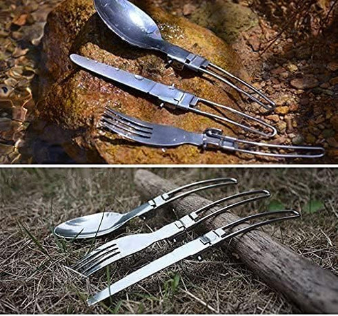 Folding Spoon Fork Knife Set Portable 3 in 1 Folding Dinner Flatware Utensils Stainless Steel Perfect for Camping Picnic Travel Hiking Backpacking by Boolavard