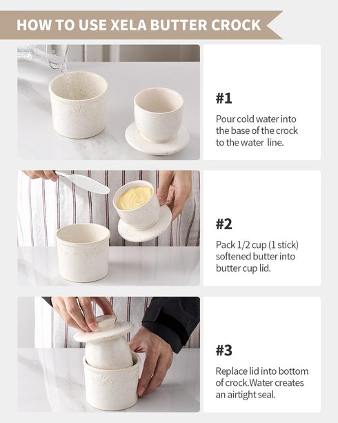 XELA Ceramic Butter Dish - French Butter Crock With Water Line - Keeps Your Butter Fresh and Spreadable - Speckled