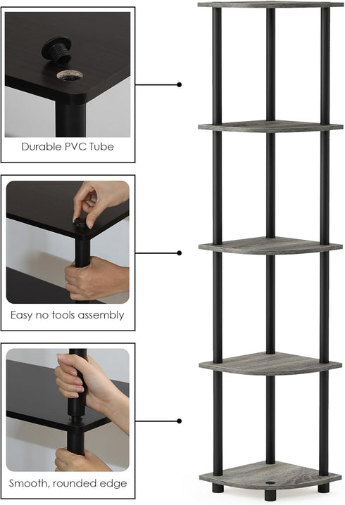 Furinno Turn-N-Tube 5 Tier Corner Display Rack, Multipurpose Shelving Unit, 1-Pack, French Oak Grey/Black