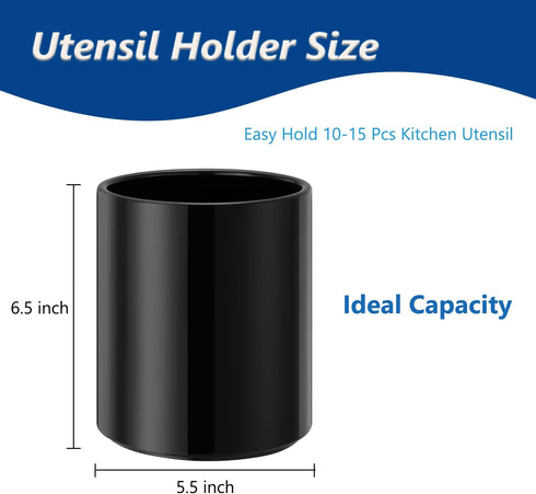 Modern Ceramic Utensil Holder for Kitchen Countertop, 6.5”H x 5.5”D Black Cooking Utensil Organizer