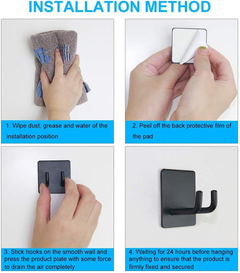 Adhesive Hooks | Bathroom Wall Towel Hooks, Black Stick Shower Razor Holder, Stainless Steel Organizer