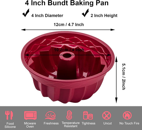 Nalchois 4 Inch Silicone Mini Bundt Cake Pan Set of 4, Nonstick BPA Free Molds for Baking, Oven Safe Fluted Tube