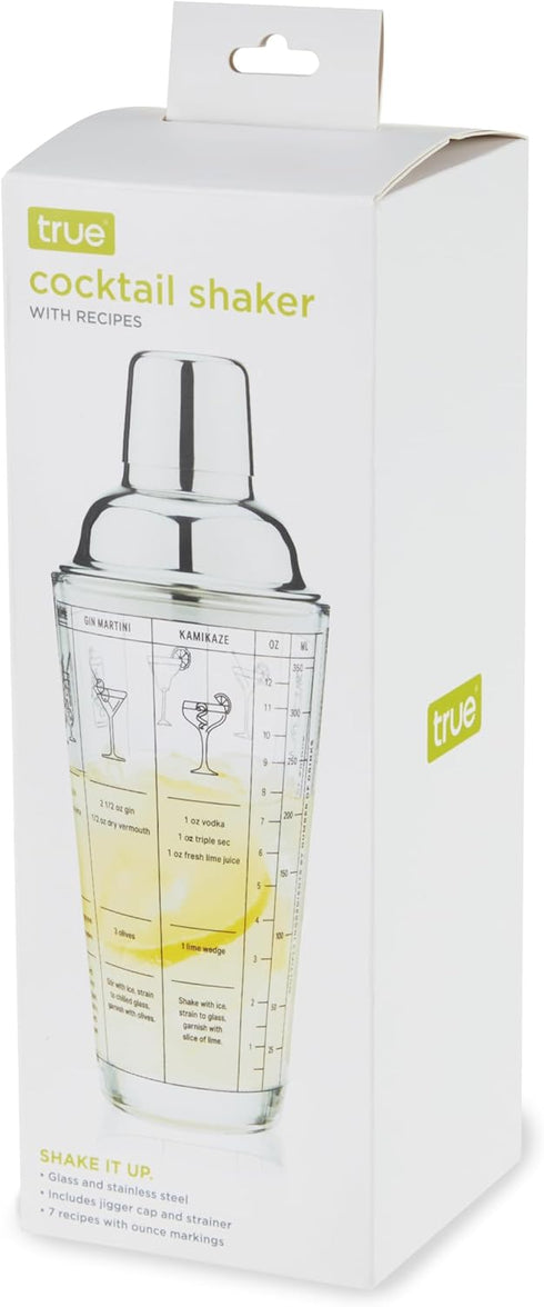 True Glass Cocktail Shaker, 13.5 oz with 7 Classic Recipes and Measurements for Home Bar Accessories
