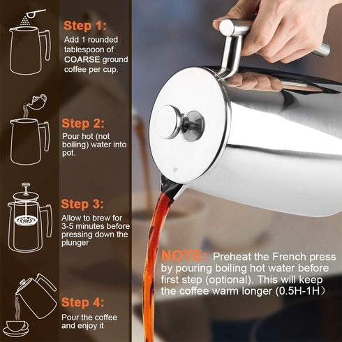 34-Ounce, 304 Secura French Press Coffee Maker, Stainless Steel Insulated Coffee Press with Extra Screen