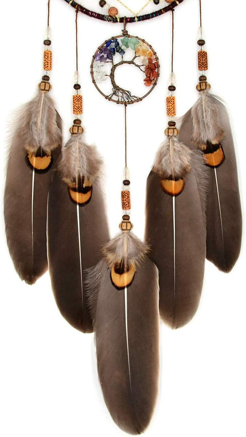 Urdeoms Tree of Life Dream Catchers for Bedroom, Adult Brown Boho Wall Decor for Girls, Chakra Crystal Healing Stones,