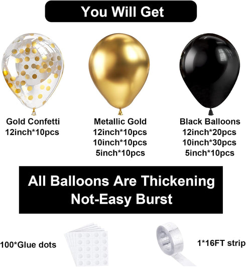 Bezente Black Gold Balloons Garland Kit, 100Pcs Black Gold Metallic Chrome and Gold Confetti Balloons Arch for Wedding,