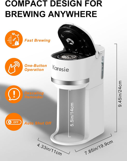 Brew,6-12 oz 5.5" Reminder,White,9.45 Inches Single Serve Coffee Maker for K-Cup and Ground Coffee,Fast Brew Sizes One