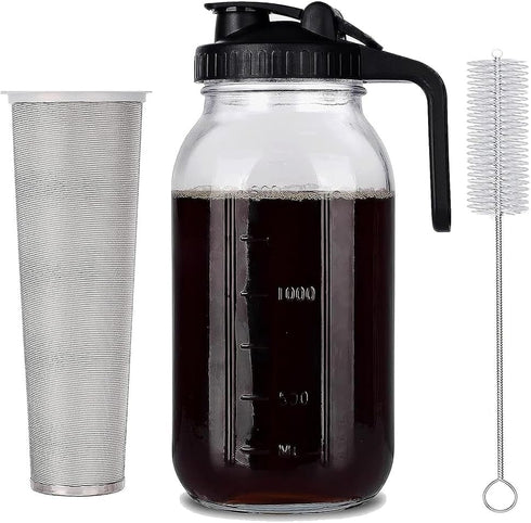 Glass Cold Brew Coffee Maker, 64 oz Mason Jar Iced Coffee Pitcher, Durable Glass, Stainless Steel Filter