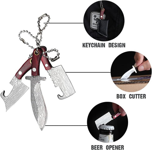 HAOXU Mini Pocket Knife Set, Damascus Tiny Knife for Beer Bottle Opener, Package Box Cutter, Necklace Knife - 4pcs