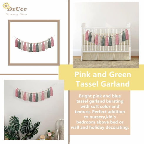 DrCor Pastel Tassel Garland Pink & Sage Green Boho Spring Garland for Nursery, Classroom Decor, Baby Shower, Kids Room
