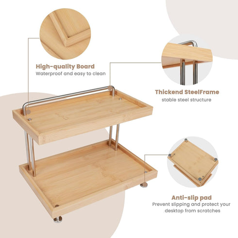 Bamboo Two-Tier Organizer for Kitchen, Bathroom, and Office - Sturdy Storage Rack