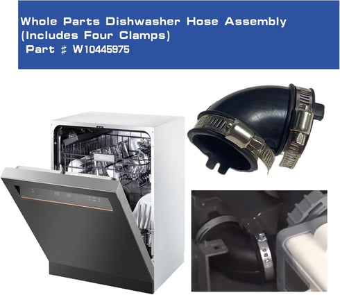 New W10445975 Dishwasher Pump Hose, Compatible with Whirlpool Pumps, Includes Two Hoses and Four Clamps