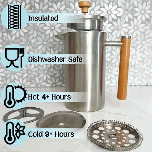 Stellar Living 34 OZ Stainless Steel French Press Coffee Maker, Double Vacuum Insulation, Matte Silver