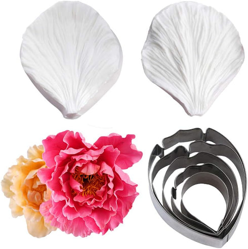 KALAIEN 5pcs Stainless Steel Peony Cutter, 2pcs Fondant Silicone Mold for Sugarcraft Flower Making