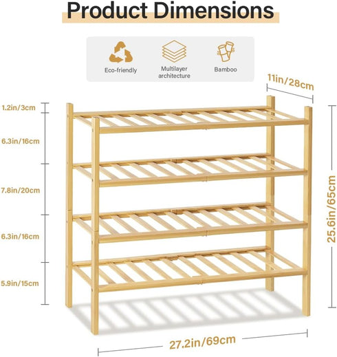 WKWKER 4-Tiers Bamboo Shoe Rack Stackable Free Standing Shoe Racks Portable Shoe Storage Organizer Stackable Shelf