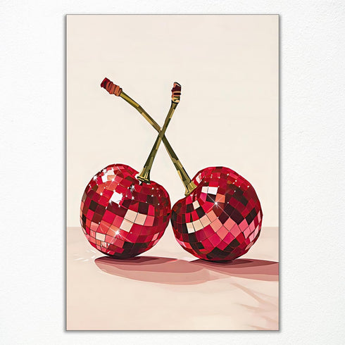 xbsifyiooa Trendy Disco Ball Print Poster, Funky Disco Cherries Art Canvas, Pink Cherries