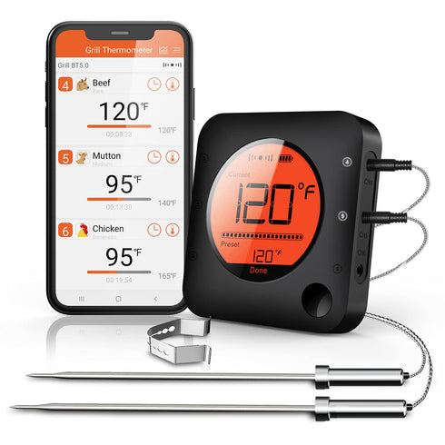 BFOUR Meat Thermometer Wireless Bluetooth, LCD Digital Dual Probe BBQ Thermometer for Kitchen Cooking Grill