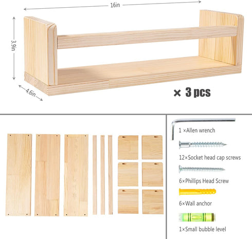 16 Inch-Small AZSKY Floating Nursery Book Shelves-Natural Wood Bookshelf for Kids Room Bookshelf Wall Mounted for Baby