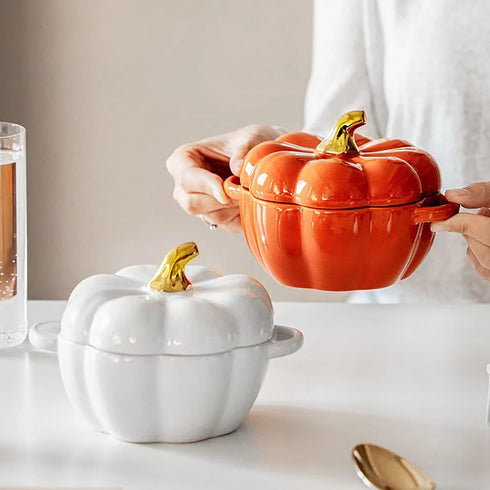Pumpkin Bowl Set with Lid and Handle, 14 Oz Ceramic Ramekins for Baking, Oven Safe (White)