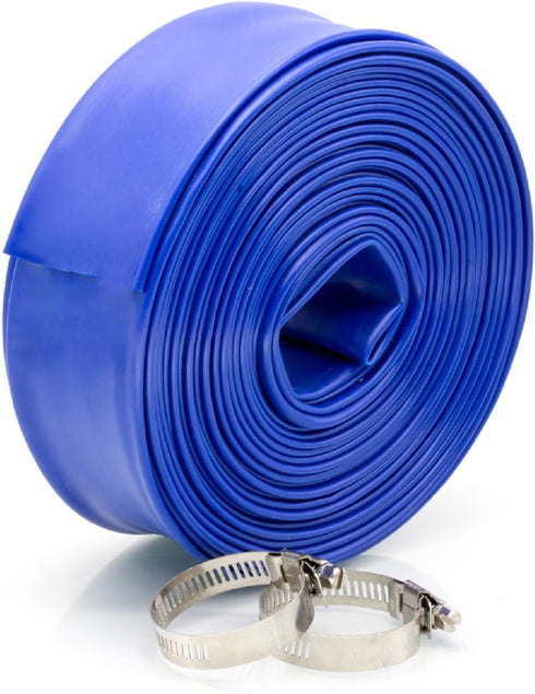 WWD POOL 1-1/2" x 50' Heavy Duty Backwash Hose with Clamp - General Purpose PVC Lay-Flat Water Discharge