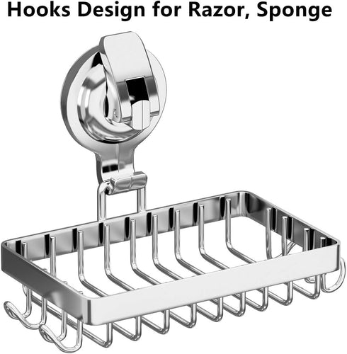 Suction Cup Soap Holder Shower, 304 Stainless Steel Soap Dish with 4 Hooks, Silver