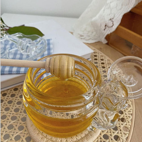 XIZHI 200ML Glass Honey Jar with Bee Decoration Lid and Small Bear Decorative Handle Transparent Honey Pot for Home