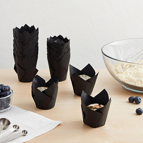 Juvale 100-Piece Bulk Black Tulip Cupcake Liners - 2 x 3.5 Inches Medium Baking Wrappers for Parties & Events