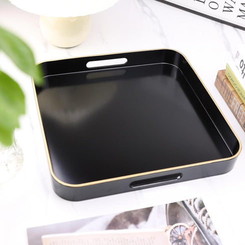 13"*13" Black Square Decorative Tray with Handles, Versatile Serving Tray for Coffee Table, Ottoman, Ideal for Serving