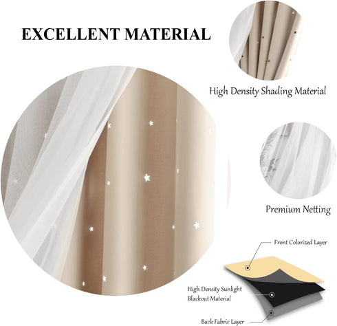 Loyala 52" 63" 2 Star Curtains, Blackout Curtains for Bedroom Kids Cute Double Layer Hollow Out Star Window Curtain