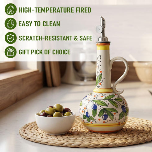 18 oz 2 Ceramic Olive Oil Dispenser Bottle - Hand-Painted Italian Kitchen Decor Oil Cruet with Spouts, Silicone Funnel
