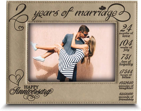 BELLA BUSTA- 2 Years of Marriage Engraved Leather Picture Frame, Second Anniversary for Couple (5 x 7 Horizontal)