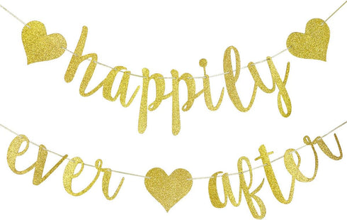 Happily Ever After Banner Gold Glitter for Bachelorette Party, Bridal Shower, Wedding Engagement Decorations
