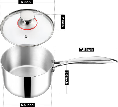 TeamFar 1qt Saucepan with Lid, Stainless Steel Tri-ply Small Cooking Pot Sauce Milk Pan with Ergonomic Handle, for Induction/Gas/Electric/Ceramic, Healthy & Heavy Duty, Dishwasher Safe by TeamFar