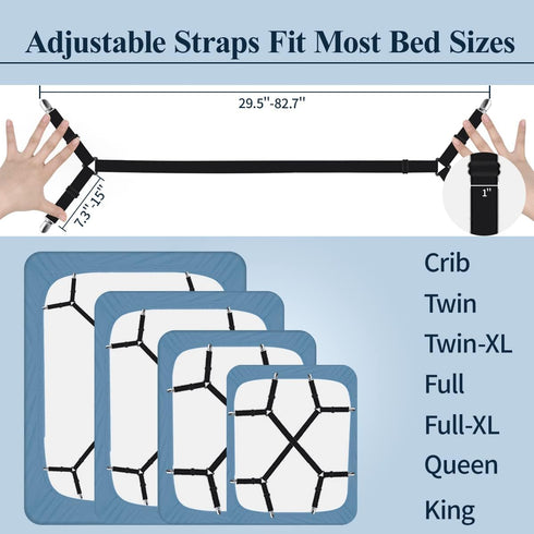 Bed Sheet Holder Straps, Bed Sheet Fasteners Suspenders Adjustable Stretch to 82.7'' Elastic Band Fitted Bed Sheet Holder Fasteners Grippers Clip,2pcs/Set Black