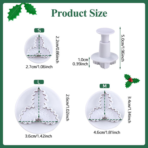 KALAIEN 3pcs Holly Leaf Plunger Cutter Fondant Baking Tools for Cake Cookie Sugarcraft Decorating