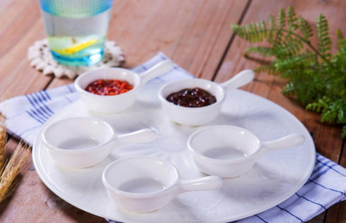 5 Packs 1 Oz Sauce Dish with Handle Grip, White Porcelain Dipping Bowls for Appetizers, Ketchup, BBQ Sauce