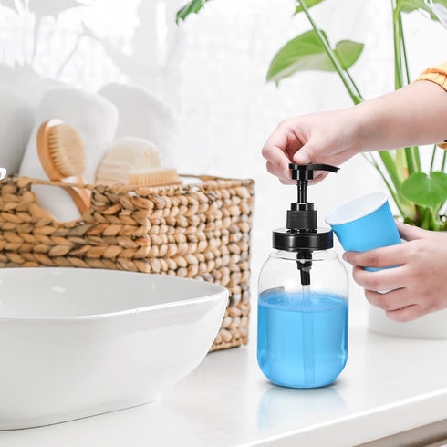 Summark Holder,24 OZ Mouthwash Dispenser for Bathroom,Mouth Wash Pump Bottle with Stainless Steel Cup Refillable Clear