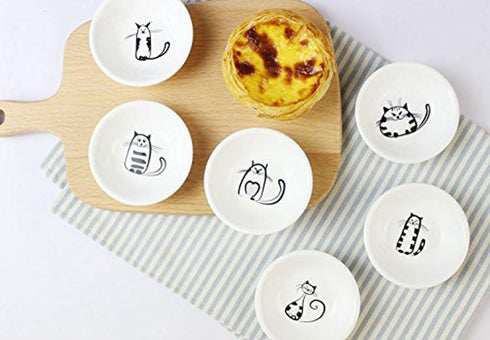 BigNoseDeer Super Cute Cat Ceramic Sauce Dish, Mini Side Seasoning Dish, Set of 6