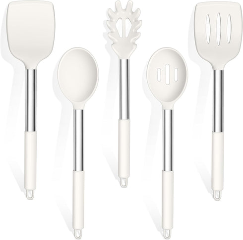 TeamFar Cooking Utensils Set - 5 Pcs Silicone Kitchen Utensils with Stainless Steel Handle for Nonstick Cookware