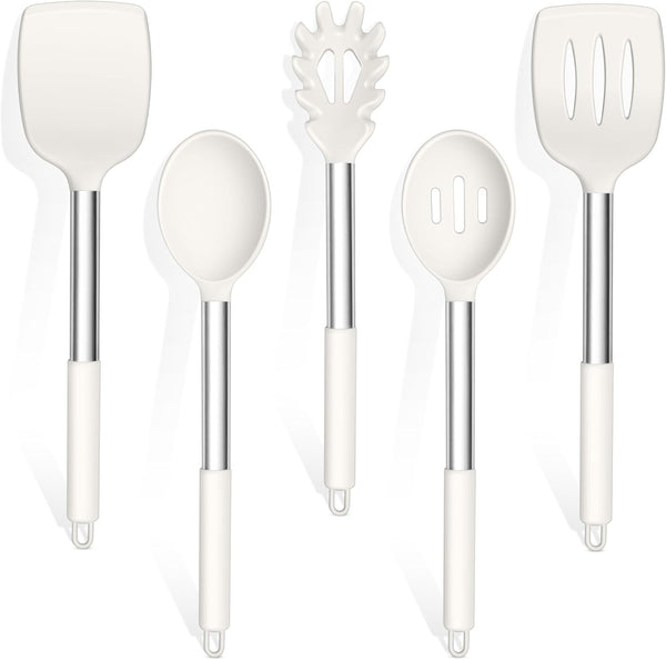 TeamFar Cooking Utensils Set - 5 Pcs Silicone Kitchen Utensils with Stainless Steel Handle for Nonstick Cookware