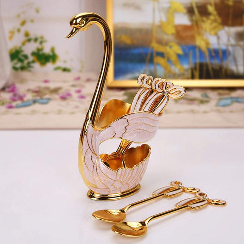 Coffee Dessert Spoon Set, 6PCS Gold Swan Base Holder, Stainless Steel Small Spoons for Ice Cream Cake Coffee