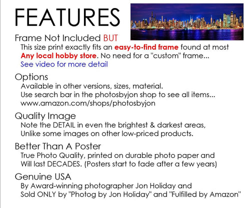New York City 2022 Manhattan Midtown Skyline Photo Print, Unframed, Night Color, 11.75 x 36 inches